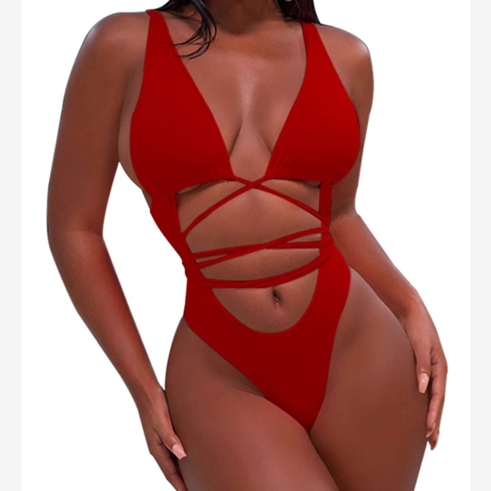 Sexy Red‎ Strappy One-Piece Swimsuit - Size Small Beach Summer Ready
